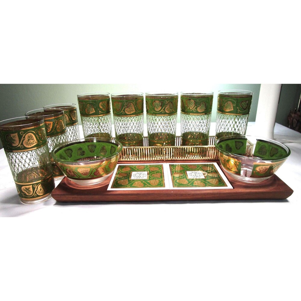 1960s Culver Highball Set, 8 Tumblers, 2 Bowls, Wood Tray, 22k Gold